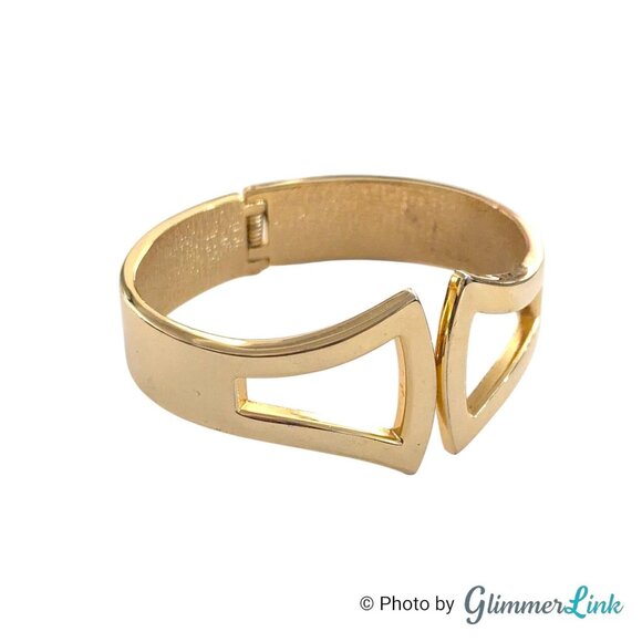 Vintage Modernist Gold Tone Statement Bracelet Geometric Hinged Bangle 6 3/4" - Picture 8 of 9